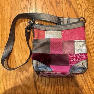 Coach Patchwork Leather & Fabric Crossbody - Pink Multi with Silver Trim